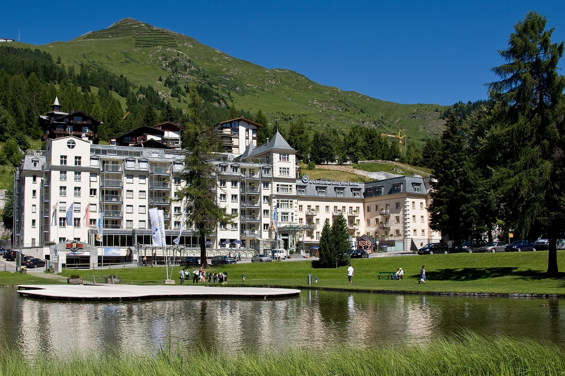 Hotel Seehof in Davos Dorf, seen across the water and lawns in front of it